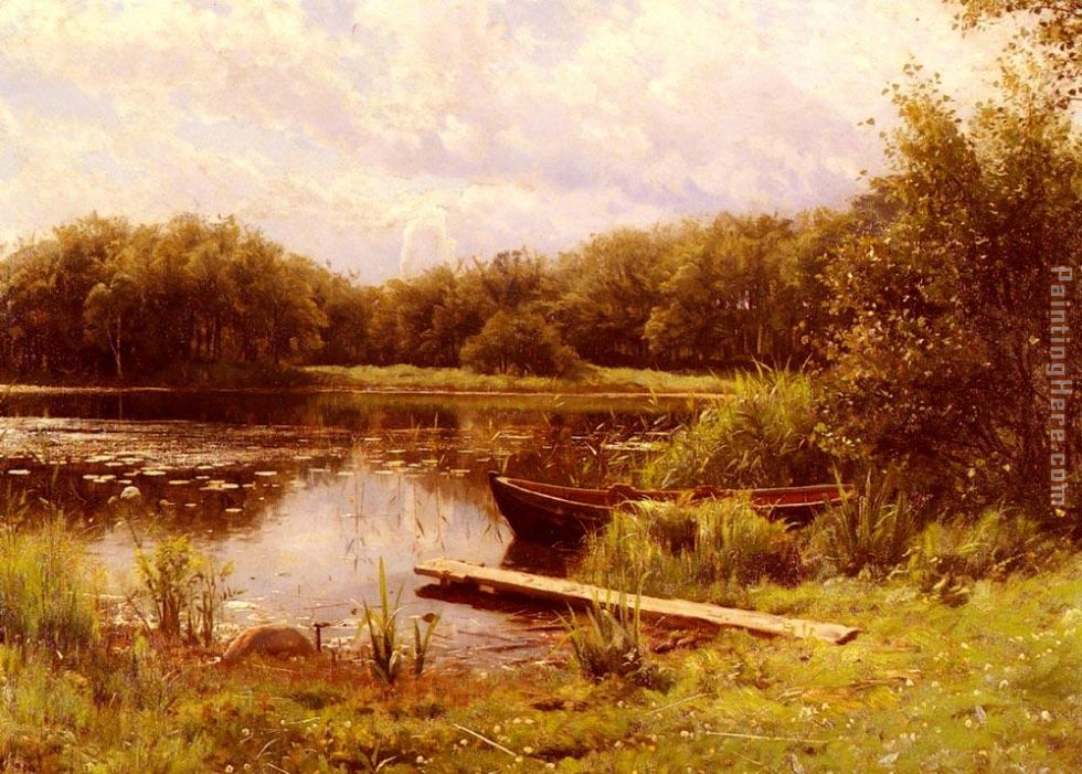 A Boat Moored On A Quiet Lak painting - Peder Mork Monsted A Boat Moored On A Quiet Lak art painting
